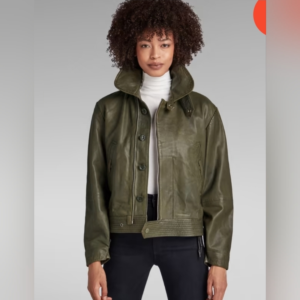 G Star Raw Leather Jacket- Olive Green